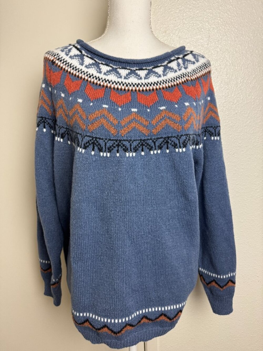 XL Nordic Fair Isle Sweater Blue Rust Orange Geometric Pattern Cozy Pullover